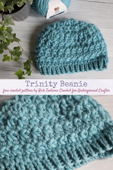 Free #crochet pattern: Trinity Beanie in Sugar Bush Chill #yarn by Rich Textures Crochet for Underground Crafter | This delightfully textured crochet beanie pattern works up quickly in super bulky yarn.  #undergroundcrafter #richtexturescrochet #sugarbushchill #crochetbeanie Crochet Beanie Pattern Free Bulky Yarn, Bernat Beanie Crochet Hats, Crochet Hat Pattern Super Bulky, Crochet Beanie Bulky Yarn, Crochet Beanie Super Bulky Yarn, Crochet Adult Hat, Crochet Baby Beanie, Easy Crochet Hat, Crochet Hat Free