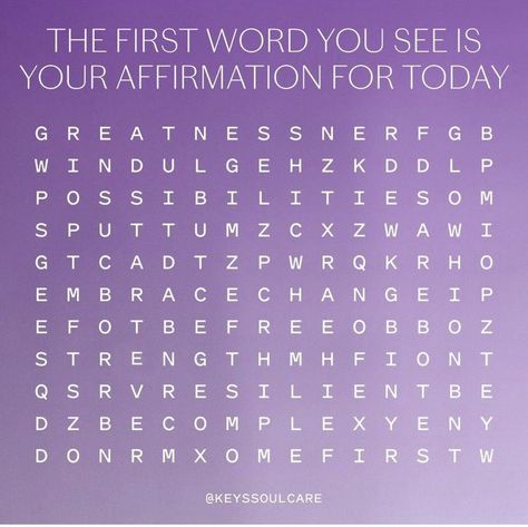 Photo Credit: keyssoulcare (IG) #wordsearch #dailyaffirmation #souljourneys #iggames #instagramgames Keys Soulcare, Number Words, Skincare And Makeup, Alicia Keys, What Do You See, Positive Self Affirmations, One Word, Makeup Brands, Daily Affirmations