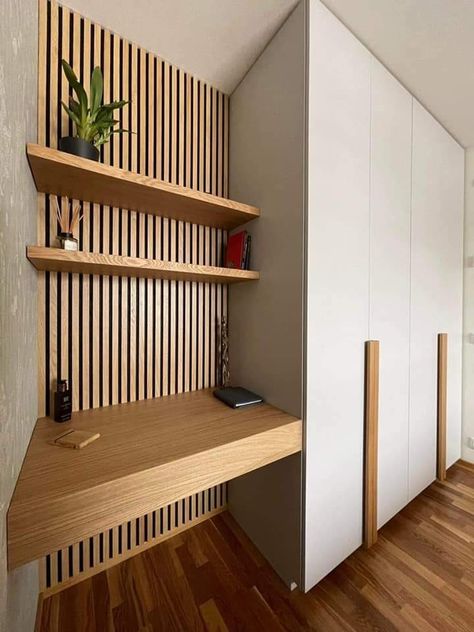 Bedroom Closet And Desk, Small Bedroom Ideas With Wardrobe And Desk, Wardrobe Office Room, Fitted Wardrobe And Desk, Desk Between Wardrobes, Wooden Theme Living Room, Wardrobe And Desk Combo, Fitted Wardrobe With Desk, Desk Built Into Closet