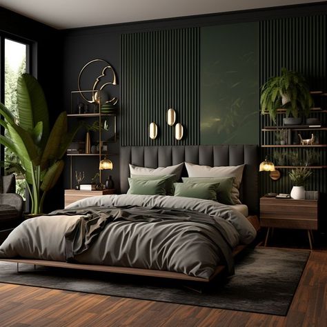 Bedroom Interior Dark Wood, Modern And Contemporary Bedroom, Modern Black And Wood Bedroom, Dark Green Brown Bedroom, Dark Elegant Bedroom Ideas, Dark Natural Bedroom, Dark Green Earthy Bedroom, Black And Green Bedroom Aesthetic, Green And Black Interior Design