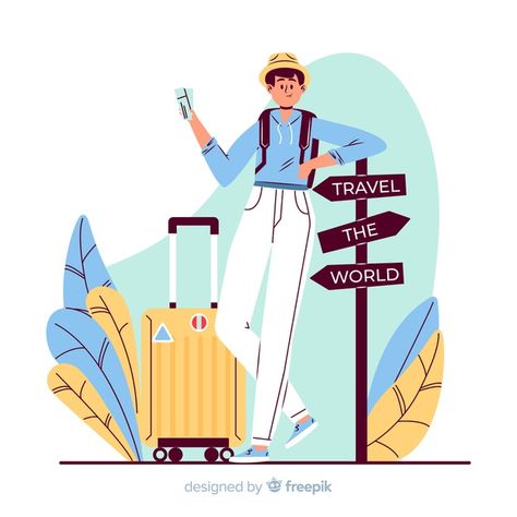 Boy going on a trip Free Vector Traveller Illustration, Travelling Illustration, Traveling Illustration, Travel Vector Illustration, Trip Illustration, Iphone Wallpaper Travel, Flat Colour Design, Trip Design, Human Vector