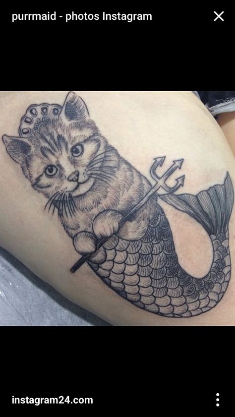 Purrmaid Mercat Tattoo, Sailor Cat Tattoo, Cat Mermaid Tattoo, Americana Tattoo Mermaid, Mermaid Tattoo Thigh Sirens, Mermaid Cat, Mermaid Tattoo, Cat Tattoo Designs, Mermaid Tattoos