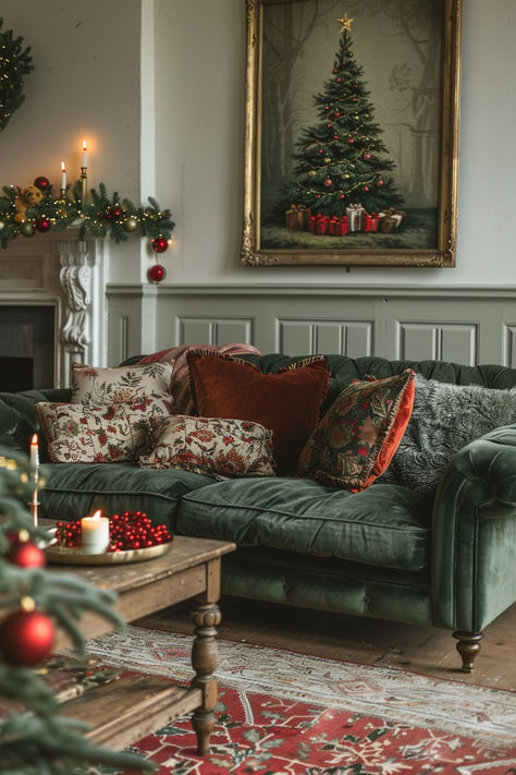 Christmas living room decor, Christmas home decor, Christmas decorations living room, living room ideas, black living room, blue sofa, teal sofa, teal living room Red Green And Gold Christmas Decor Living Room, Red And Green Living Room Ideas, Christmas Decor Ideas Red And Gold, Green Cottage Living Room, Red Green And Gold Christmas Decor, Red And Green Living Room, Red Green And Gold Christmas Tree, Christmas Couch Decor, Classic Christmas Aesthetic