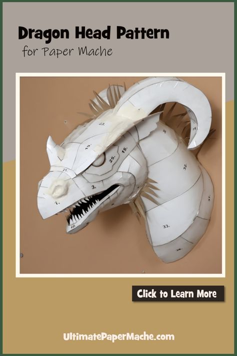 Pattern for a Paper Mache Dragon Head Paper Mache Monster Head, Dragon Head Cardboard, Paper Mache Dragon, Cardboard Ideas, Paper Mache Paste, Dragon Paper, Felt Dragon, Dragon Horns, Dragon Face