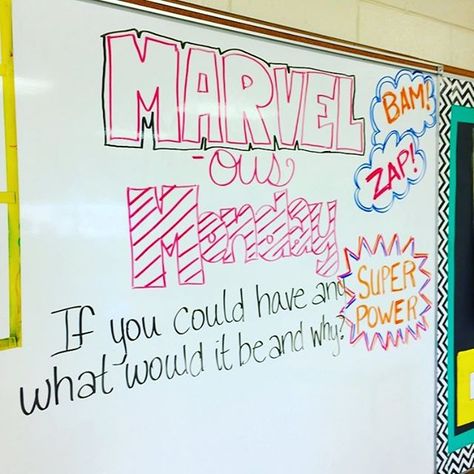 Makes it more engaging by asking students to choose their superpowers then giving them a problem to solve Whiteboard Inspiration, Whiteboard Prompts, Whiteboard Questions, Whiteboard Writing, Morning Writing, Marvelous Monday, Whiteboard Messages, Morning Board, Responsive Classroom