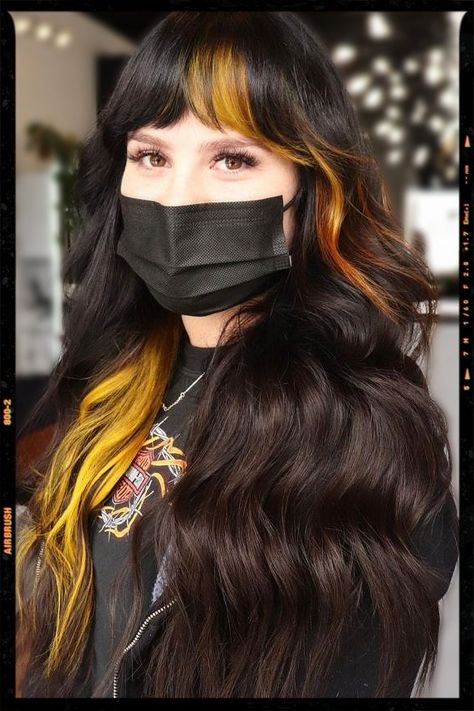 Hair Color Idea Pop Of Hair Color Ideas, Pop Of Colour Hair, Pops Of Hair Color, Natural Hair With Pop Of Color, Fashion Color Bangs, Color In Bangs, Bangs With Under Color, Hair Blocking, Black Hair Pop Of Color