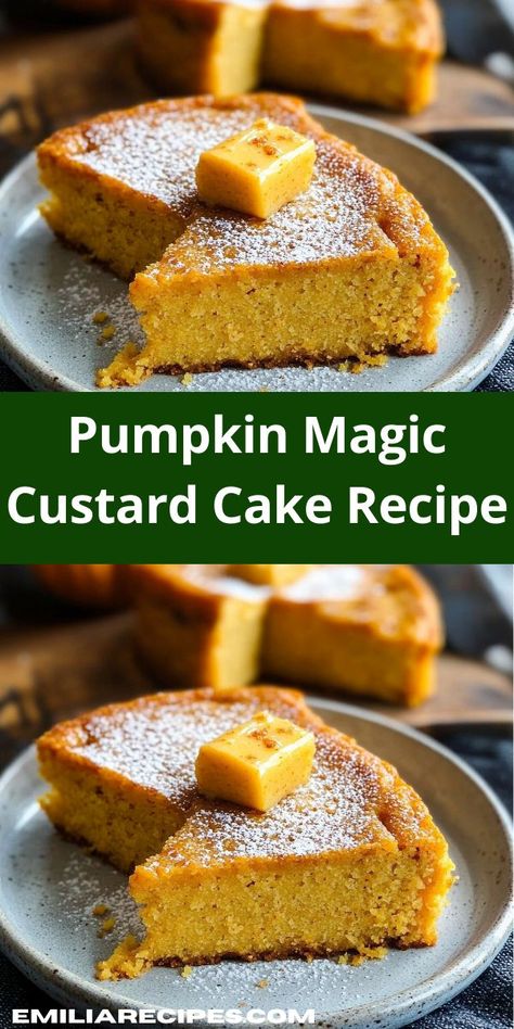 Need easy dessert recipes? Try this Pumpkin Magic Custard Cake Recipe! A flavorful pumpkin recipe that’s perfect for lunch recipes, dinner ideas, or any dessert ideas craving. Magic Pumpkin Cake, Magic Custard Cake Recipe, Pumpkin Magic Cake, Cake With Layers, Pumpkin Magic, Fluffy Top, Custard Cake Recipes, Magic Custard Cake, Creative Dessert Recipes