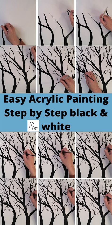 Painting Tree Silhouette, Step By Step Tree Painting, How To Paint Black Trees, How To Paint Tree Silhouette, Trees Painted On Walls, Black And White Tree Painting, Black Trees Painting, Black And White Painting Acrylic Easy, Black And White Painting Simple Canvas