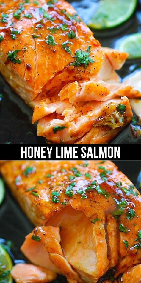 Honey Lime Salmon - sweet and zesty salmon with honey, lime juice and soy sauce. Takes 15 mins and great for tonight’s dinner. Honey Lime Salmon, Salmon With Honey, Honey Salmon, Garlic Butter Salmon, Lime Salmon, Baked Salmon Recipes, Salmon Dishes, Fish Dinner, Honey Lime