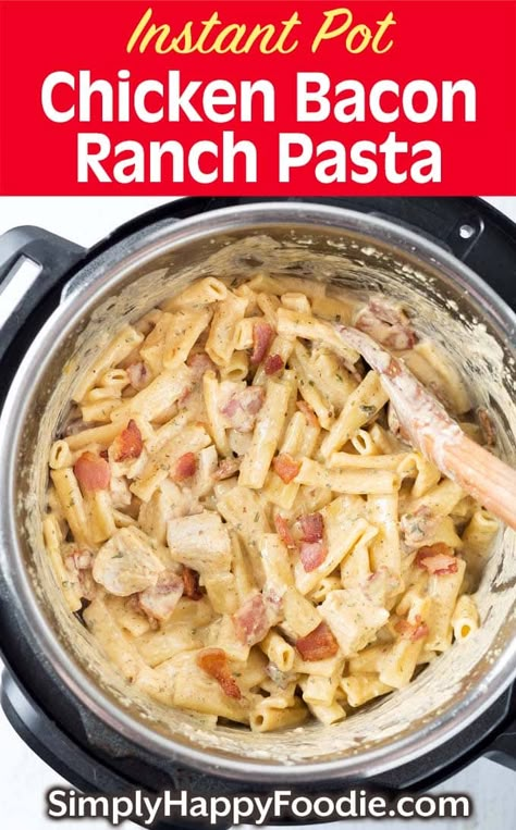 Instant Pot Chicken Bacon Ranch Pasta is a tasty, cheesy one-pot pasta dinner with chicken and ranch flavor. Pressure cooker chicken bacon ranch pasta by simplyhappyfoodie.com #instantpotchickenbaconranchpasta #instantpotchickenpasta Dinner With Chicken, Bacon Ranch Pasta, Chicken Bacon Pasta, Chicken Ranch Pasta, Chicken Bacon Ranch Pasta, Chicken Bacon Ranch Casserole, Instant Pot Pasta Recipe, Ranch Pasta, Pressure Cooker Chicken