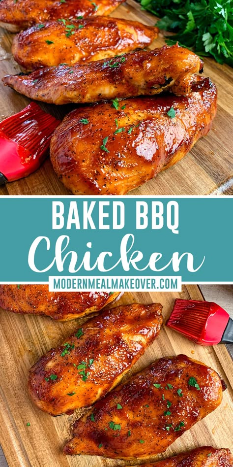 Close up of baked BBQ chicken on a wood cutting board. Oven Baked Bbq Chicken Breast, Oven Bbq Chicken Breast, Baked Bbq Chicken Breast, Barbecue Chicken Breast Recipes, Baked Barbeque Chicken, Bbq Baked Chicken Breast, Bbq Chicken Breast Recipe, Oven Baked Bbq Chicken, Chicken Breast Oven