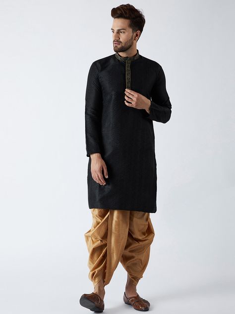 SOJANYA Men Black & Gold-Toned Self Design Kurta with Dhoti Pants - | 1799 Kurta With Dhoti, Design Kurta, Sherwani For Men, Dhoti Pants, Kurta Pajama, Indo Western, Self Design, Trendy Clothes, Marble Texture