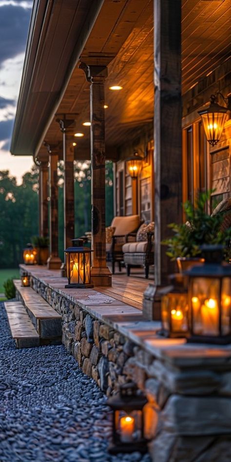 Mountain Front Porch, Log Cabin Front Porch, Front Porch Lighting Ideas, Cabin Front Porch, Porch Lighting Ideas, House Deck Ideas, Front Porch Lighting, Country Porch, Casa Country