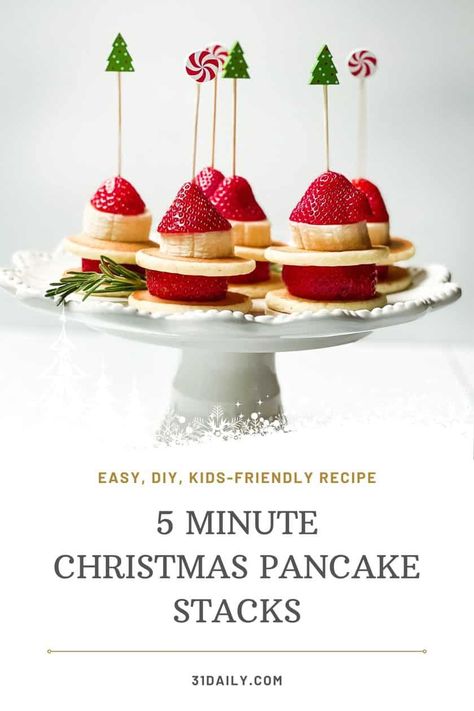 These Christmas Mini Pancake Stacks are the quickest, cutest, easiest holiday breakfast or brunch pancake skewers you'll ever make. With ready-made ingredients, fresh fruit, and festive skewers, they are sure to liven up the party for kids and adults alike. Pancake Skewers, Christmas Dinner Party Ideas, Homemade Pancake Batter, Christmas Breakfast Brunch, Christmas Eve Appetizers, Breakfast Ideas Brunch, Brunch Christmas, Christmas Pancakes, Easy Homemade Pancakes