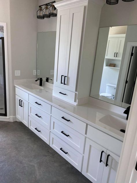 White Cabinet Bathroom Ideas Master Bath, Bathroom With Upper Cabinets, White Cabinet Master Bath, Double Bathroom Vanity With Center Tower, Vanity With Upper Cabinets, Double Vanity With Linen Tower, Linen Cabinet Between Sinks, Long Vanity With Two Sinks, 6 Ft Vanity Master Bath