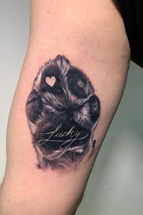 Realism Dog Paw Tattoo, Dog Paw Print With Name Tattoo, Dogs Paw Tattoo Ideas, Dog Saved Me Tattoo, Paw Print Leg Tattoo, Dog And Plant Tattoo, Pug Paw Tattoo, Paw Print Dog Tattoo, Dog Rip Tattoo