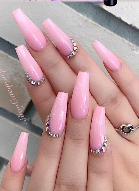 Pink Acrylic Nail Designs, Light Pink Acrylic Nails, Nails With Rhinestones, Emerald Nails, Opal Nails, Pink Nail Colors, Light Pink Nails, Hot Pink Nails, Easy Nails