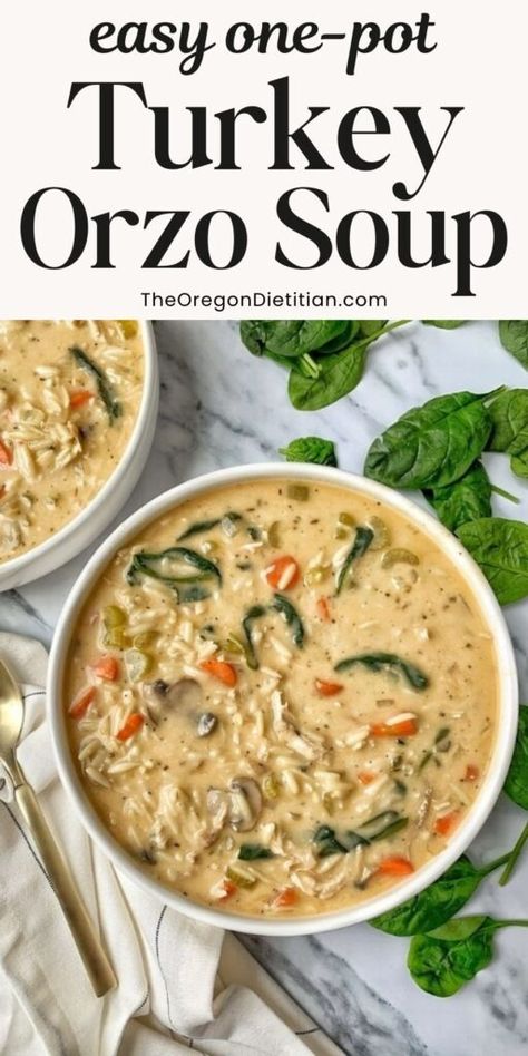 Looking for the perfect way to use up leftover turkey? This one-pot creamy turkey orzo soup is a delicious, easy meal that makes the most of holiday leftovers! Rich, creamy, and full of tender turkey and orzo pasta, it’s a comforting dish that’s ideal for chilly days. Made in just one pot, it’s a quick and convenient recipe for busy nights after Thanksgiving or any holiday feast. Try this cozy soup today! #LeftoverTurkey #OnePotSoup Turkey Spinach Soup, Turkey Orzo Soup Recipes, Turkey Noodle Soup Recipes, Healthy Turkey Soup, Turkey Orzo Soup, Turkey Orzo, Shredded Roast, Creamy Turkey Soup, Homemade Turkey Soup