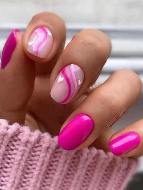 Gel Manicure Ideas For Short Nails Summer Art Designs, Short Round Valentines Day Nails, Hot Pink Nail Ideas Short, Short Nails Art Pink, Hot Pink Nails With Design Short, Pink Gel Nail Designs For Summer, Beautiful Classy Nails, Short Round Hot Pink Nails, Pink Swirl Nails Short