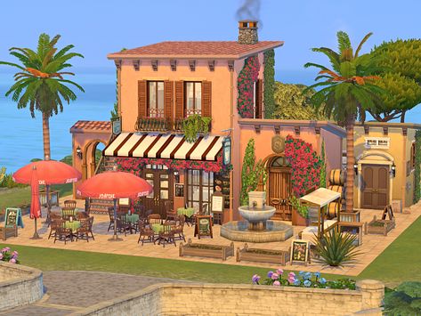 Sims 4 Tartosa Lot, Sims 4 Italian Restaurant, Sims 4 Tartosa Restaurant, Sims 4 Tartosa Build, Restaurant The Sims 4, Tartosa Sims 4, Sims4 Restaurant, Sims 4 Italian, Sims 4 Tartosa