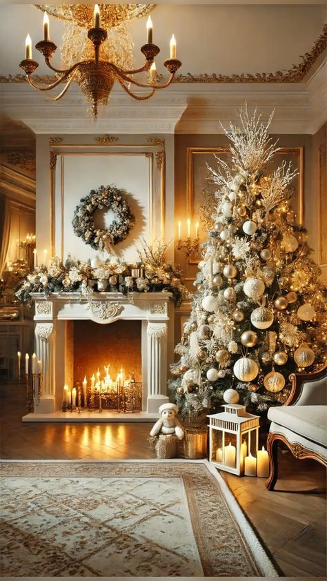 White And Gold Christmas Living Room, White And Golden Christmas Tree, Christmas Decor Ideas Gold And Silver, Elegant Christmas Living Room, Christmas Decor Ideas Gold And White, White Gold Silver Christmas Decor, Elegant Christmas Stockings Ideas, Gold And White Christmas Decorations, Luxurious Christmas Decor