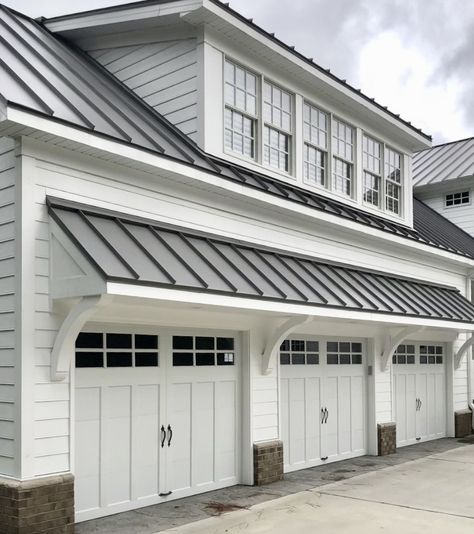 Three Garage Doors, Garage With Awning, Garage Door Awning Metal Roof, Garage Side Door Entrance Ideas, Shed Roof Over Garage Doors, Eyebrow Above Garage Door, Extending Garage Forward, Garage Construction Ideas, Garage With Overhang Roof