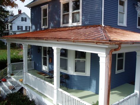 Copper Roofs - Traditional - Exterior - Other - by Global Home Improvement | Houzz Blue House Copper Roof, Copper Metal Roof Exterior Colors, Copper Roof House Exterior Colors, Copper Roof House, Mastic Siding, Copper Metal Roof, Painting Siding, Roof Options, Roofing Colors