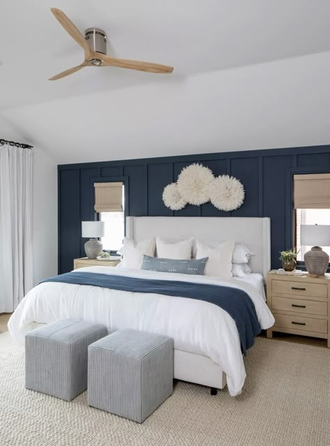 Portfolio (Title) One Navy Wall Bedroom, Navy Wall Behind Bed, White Bedding With Navy Accents, Navy White And Wood Bedroom, Navy Blue Statement Wall Master Bedrooms, Master Bedrooms Decor Cozy Navy Blue, Bedding With Navy Walls, Dark Blue Accent Wall Master, Navy Blue Bedroom Board And Batten