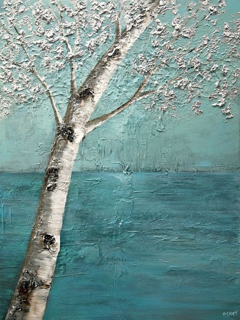 SILVER BIRCH TREE abstract painting large textured wall art blossom art Osnat - $1,100.00. Professional artist since 2003 Artist: Osnat Tzadok Originality: Original Name: "Silver blossom" Condition: New Material: Acrylic on Canvas Medium: Canvas wrapped on wooden frame Size: 36"x48" (W x H) Description: This is a 100% hand-made acrylic painting made by Osnat Tzadok. Shipping & Handling: Shipped 1 business day following payment. Delivery time: 2-5 business days. Note: The living room photos are f Tree Abstract Painting, Modern Textured Art, Silver Birch Tree, Impasto Paintings, Turquoise Wall, Turquoise Wall Art, Tree Abstract, White Birch Trees, Birch Tree Art