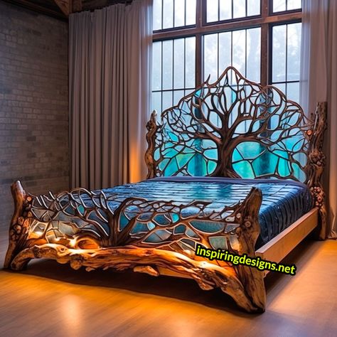 These Epic Stained Glass Tree Of Life Beds are the Ultimate Forest Fantasy for Your Bedroom! – Inspiring Designs Forest Bed Frame, Suite Bedroom Ideas, Tree Of Life Headboard, Elven Bedroom Concept Art, Hotel Suite Bedroom, Tree Branch Bedframe, Vibrant Furniture, Bedroom Ideas Small Spaces, Fantasy Bed