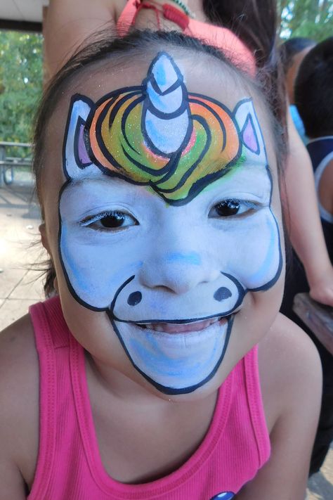 Unicorn full face design by Party Picassos Face Painting 312.316.7819 Unicorn Face Paint Step By Step, Unicorn Face Paint Easy, Unicorn Face Paint Easy Step By Step, Face Paint Unicorn, Full Face Painting Ideas, Unicorn Face Paint Tutorial, Face Paint Ideas Full Face, Facepainting Ideas Unicorn, Unicorn Body Painting