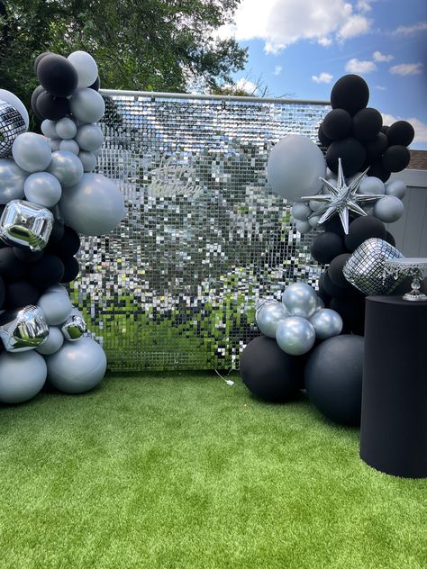 #blackandsiliver #shimmerwall #40thbirthday #40thbirthdayparty #backyardparty Shimmer Wall, Backyard Party, Black And Silver, 40th Birthday, Birthday Party, Wall, Silver, Black