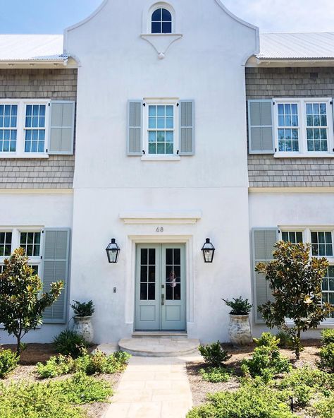 Cedar Shake And Stucco Exterior, Colored Shutters, Shutter Paint Colors, White Stucco House, Stucco And Stone Exterior, Cali House, Dolphin Swimming, Beach Cottage Exterior, Stucco House