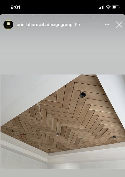 Chevron Ceiling Design, Ceiling Cutout Ideas, Ceiling Cutout Design, Wood Panel On Ceiling, Wood In Tray Ceiling, Chevron Ceiling Wood, Herringbone Wood Ceiling, Pan Ceiling Ideas, Modern Ceiling Design Luxury