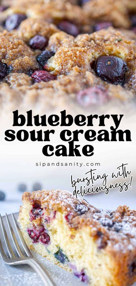 Bake some happy into your day with our Blueberry Sour Cream Coffee Cake! This easy recipe features a crispy streusel topping and a tender crumb thanks to sour cream, making it perfect for breakfast or dessert. Indulge in the best of blueberry flavors! Keto Blueberry Sour Cream Coffee Cake, Desserts With Sour Cream, Sour Cream Brownies, Sour Cream Recipes Easy, Blueberry Sour Cream Cake, Blueberry Sour Cream Coffee Cake, Sour Cream Blueberry Muffins, Blueberry Loaf Cakes, Sour Cream Desserts