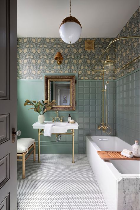 Sage green Victorian bathroom with penny tile floors, polished brass fixtures and gorgeous lighting. Small Victorian Bathroom, English Country Bathroom, Victorian Bathroom Tiles, Modern Victorian Bathroom, Mint Bathroom, Tiny Dining Rooms, Location Scouting, Victoria House, Small Bathroom Interior