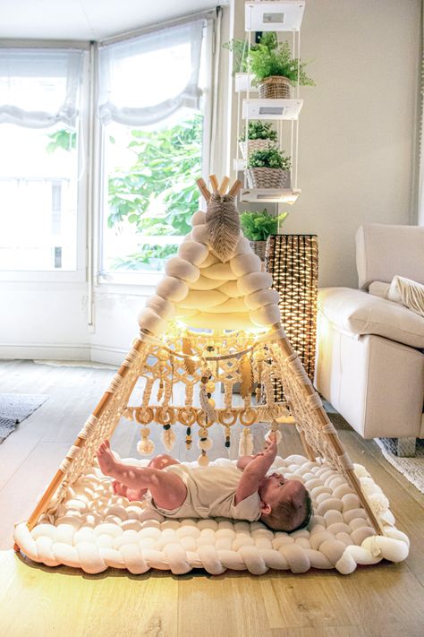 Luxury handmade macrame teepee for babies, 
that enhances early stimulation in babies . The playmat is perfect to help babies strengthen their neck and shoulder muscles, developing motor skills. Macrame For Kids Room, Macrame Crib, Macrame Kids Room, Macrame Teepee, Macrame Baby Room, Hanging Baby Crib, Macrame Baby Swing, Baby Teepee, Macrame Nursery Decor