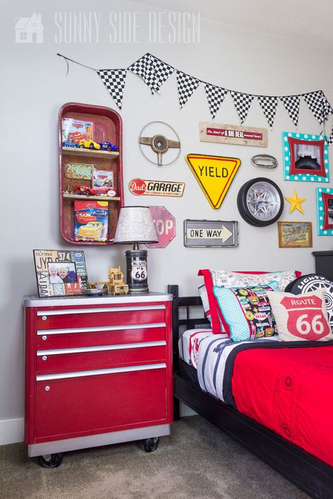 Car Theme Bathroom Ideas, Boys Race Car Bedroom Ideas, Race Car Bedroom Ideas, Race Car Nursery Theme, Pixar Cars Bedroom, Boys Race Car Bedroom, Car Room Ideas, Diy Tool Chest, Boys Car Room