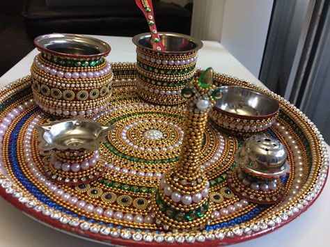 Pooja Thali Small 9 inch with all item - Bell - Two small bowl - Agarbati stand - diva stand - achmani - small Lota Arti Thali Decoration, Kalash Decoration, Coconut Decoration, Thali Decoration, Thali Decoration Ideas, Acrylic Rangoli, Indian Wedding Favors, Janmashtami Decoration, Diwali Decoration Items