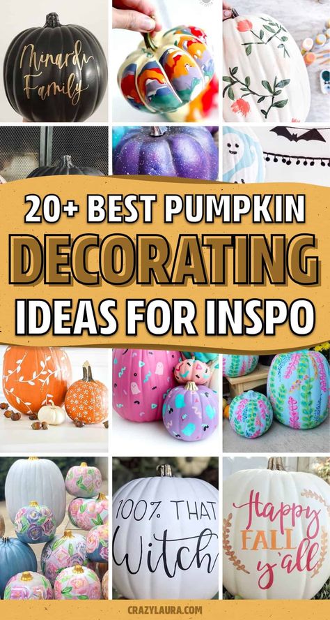 If you’re looking for a super creative way to decorate your pumpkins this October without carving them, check out these painted pumpkins for inspiration! Halloween Pumpkin Painting Ideas, Pumpkin Designs Painted, Disney Pumpkin Painting, Halloween Pumpkin Painting, No Carve Pumpkin, Pumpkin Inspiration, Monster Decorations, Pumpkin Decorating Contest, Pumpkin Painting Ideas