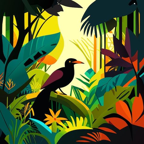 Bird jungle illustration art | Premium Vector #Freepik #vector #jungle #exotic-forest #vector-illustration #tropical-background Trippy Jungle Art, Jungle Vector Illustration, Jungle Illustration Background, Tropical Forest Illustration, Tropical Illustration Graphics, Vegetation Illustration, Forest Vector, Jungle Painting, Birds Illustration