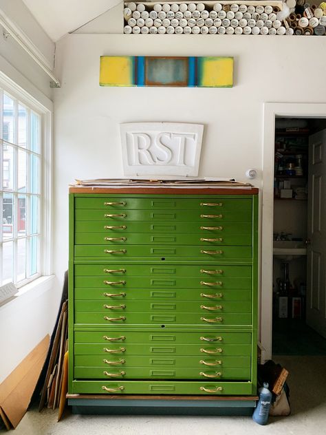 FLAT FILE OF MY DREAMS – elizabeth crane swartz designs® File Cabinet Storage, Painted File Cabinets, Flat File Cabinet, Art Studio Storage, Flat File, Auto Paint, Flat Files, Filing Cabinet Storage, Friend Painting