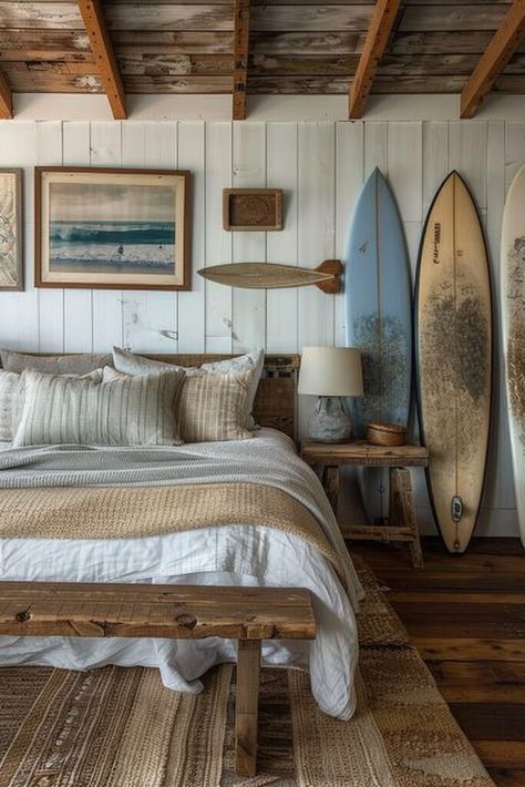 29 Boho Coastal Bedroom Ideas for a Breezy and Stylish Space 6 Boho Coastal Bedroom, Surf Bedroom, Surfer Room, Coastal Bedroom Ideas, Beach House Room, Surf Room, Beach House Interior Design, Beachy Room, Eclectic Boho