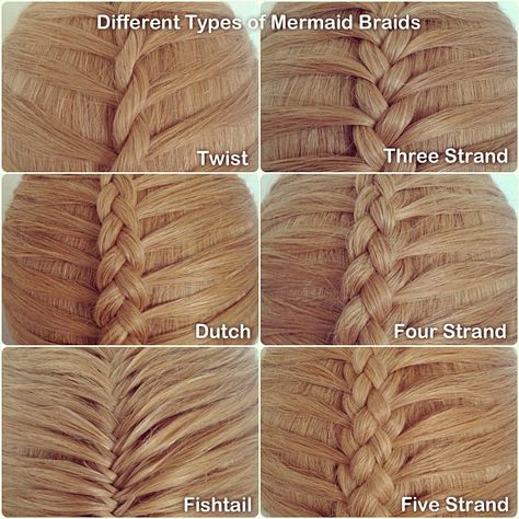 Different types of mermaid braids  For those who don't know the difference, a mermaid braid has a different sectioning pattern than a regular French or Dutch braid, or any variations of these, as show here. -Bre Mermaid Types, Braids Mermaid, Mermaid Braids, Different Braids, Mermaid Braid, Types Of Braids, Pinterest Hair, Hair Braids, Hair Stuff