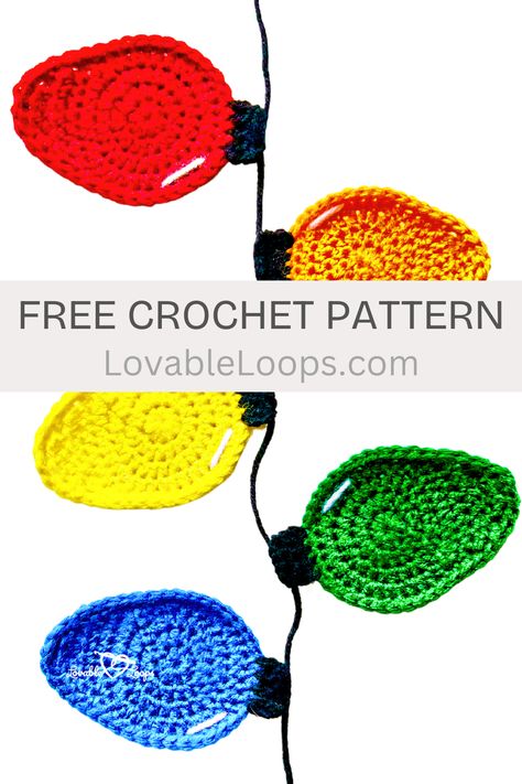 free Crochet Christmas Tree Lights Appliqué Pattern + Video Tutorial Crocheted Christmas Lights Free Pattern, Crochet Christmas Light Bulbs, Sewing Projects Usefull, Free Christmas Crochet Patterns Tree Decorations, Crochet Ornament Garland, Crochet Light Bulb Garland, Crochet With Led Lights, Crochet Christmas Light Applique, Crochet Christmas Lights Applique