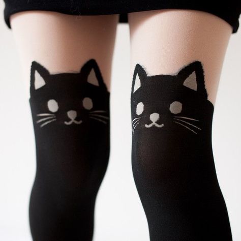 Thigh Highs And Skirt, High Thigh Socks, Cat Tights, Thigh High Tights, Cat Stockings, Print Tights, Black Kitty, Black Thigh High, Printed Tights