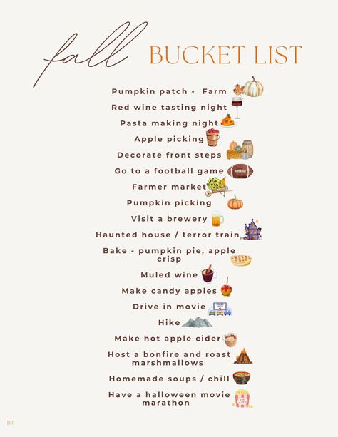 Fall Bucket List, perfect to be printed out and framed for the fall season!  Digital print only, if you're looking for a hard copy in a glossy or matte finish please contact me and I can ship it instead for $9.99 plus shipping depending on where you are. In Out List, Fall To Do List For Home, Fall 2024 Bucket List, Autumnal Things To Do, Couple Fall Bucket List, Preparing For Fall, October Daily Ideas, Fall Bucketlist Aesthetic, October Things To Do