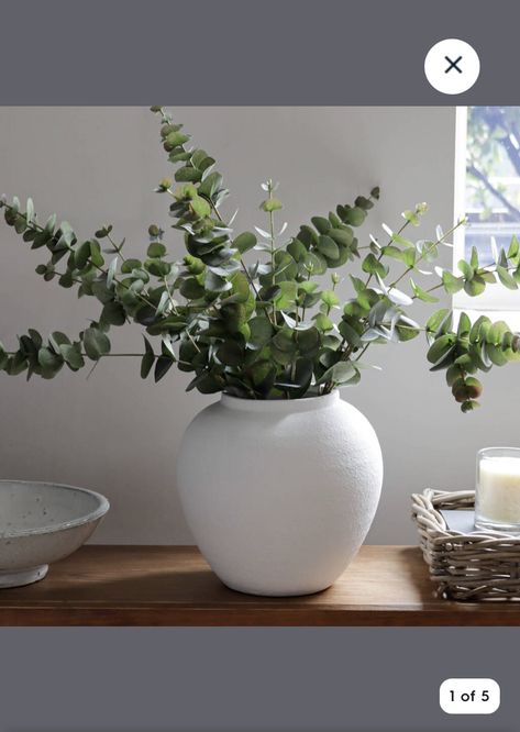 White Vases Decor Ideas, White Vase Decor, Eucalyptus Stems, Faux Eucalyptus, Artificial Eucalyptus, Green Eucalyptus, Faux Floral Arrangement, Flower Vase Arrangements, Island Decor