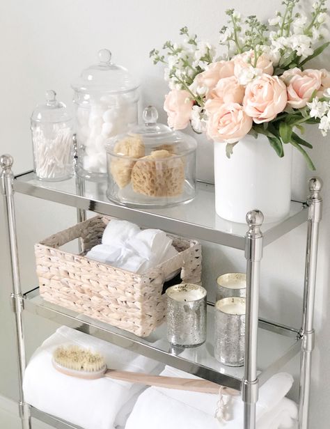 Pottery Barn etagere, bathroom styling, de-clutter your bathroom, bathroom storage Countertop Ideas, South Shore Decorating, Decorating Bathroom, Restroom Decor, Bathroom Decor Apartment, Decor Baie, Bathroom Countertop, Bathroom Countertops, Apartment Bathroom