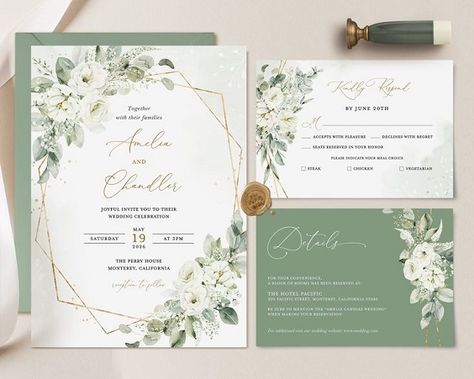 Sage Green White Gold Wedding Invitations, Green White And Gold Wedding Invitations, Green Theme Wedding Invitation, Eucalyptus Cricut, Sage Green Wedding Invitation Template, Sage And Gold Wedding Invitations, Sage Green And White Wedding Invitations, March Wedding Invitations, Sage Invitation Wedding